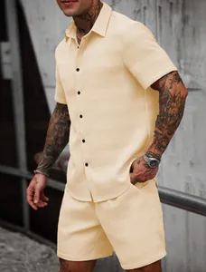 Men's casual summer two-piece set featuring a beige jacquard shirt and matching shorts.