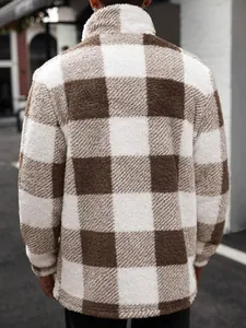 Close-up back view showing texture of a brown and white checkered outdoor fleece jacket.