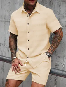 Detailed view of cream jacquard texture on men's summer casual short sleeve shirt set