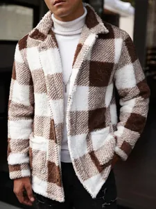 Close-up of men's brown and white checkered fleece jacket showing fuzzy texture