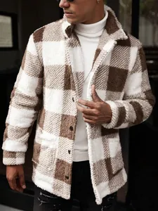 Close-up of men's brown and white plaid fleece jacket showing the soft texture.