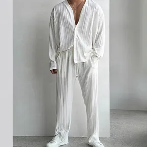 Men's Casual Pleated Long Sleeve Shirt and Pants Set Solid Color Summer Commuter Two Piece Outfit Top and Bottom