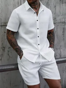 Close-up of men's white jacquard short sleeve shirt and shorts set for summer vacation