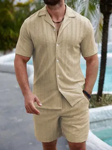 Men's summer holiday knit shirt and shorts set with textured wave pattern in beige