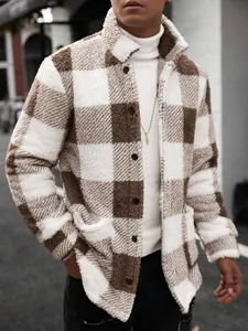 Detailed view of a men's brown and white checkered fleece jacket with warm plush texture