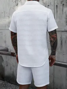 Detailed back view of men's white jacquard texture short sleeve shirt and shorts set