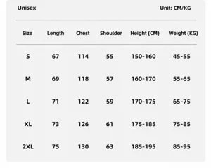Size guide for 380g French terry crew neck sweatshirt with CM and KG measurements