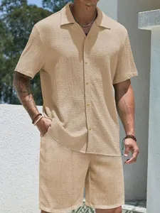 Close-up of men's beige waffle textured short sleeve shirt and shorts casual set
