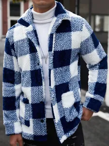 Stylish men's blue and white checkered fleece jacket for autumn and winter outdoor wear