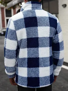 Back view showing texture of a blue and white checkered fleece jacket for winter