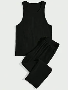 Premium men's black ribbed tank top and matching lounge pants set shown in flat lay.