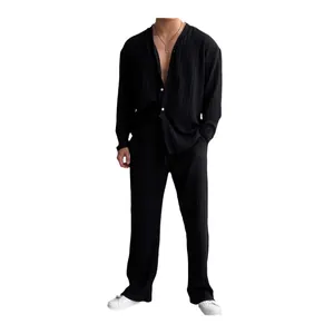 Men's stylish black pleated two-piece set with long-sleeve button shirt and casual pants