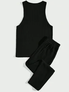 High quality men's slim fit black ribbed tank top and matching elastic waist pants set