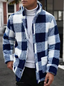 Detail showing the thick blue and white checkered fleece texture of the winter jacket