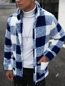 Close-up detail of blue and white checkered fleece jacket for men with plush texture