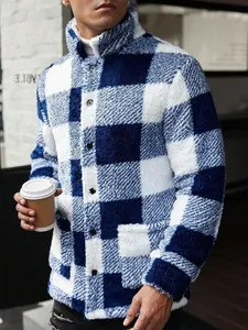 Detail shot of a men's blue and white buffalo check fleece jacket with high collar.