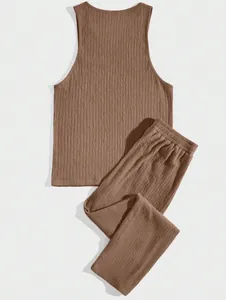 Close-up detail of brown textured breathable fabric on men's tank top and pants leisure set