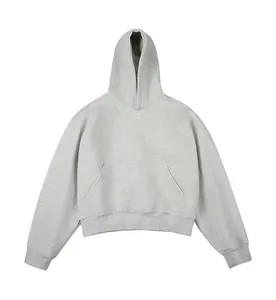 Detail view of oversized boxy cropped hoodie in heather grey heavyweight cotton fabric