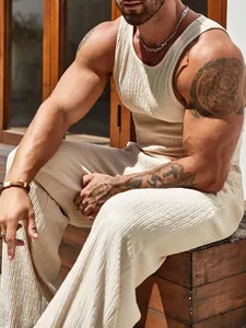 Men's Summer American Slim Fit Ribbed Sports Set Polyester Sleeveless Vest And Wide Leg Pants Casual Fitness Tracksuit