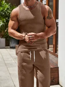 Stylish men's brown ribbed tank top and matching shorts set for summer fitness sports