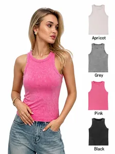 Canotta Vintage Americano Lavaggio Acid Wash Distressed Donna Cotone Spandex Maglia a Coste Vestibilità Aderente Top Stampato senza Maniche Streetwear Estivo