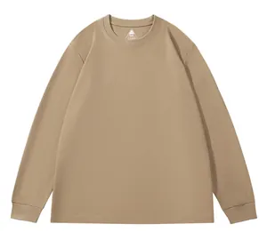 Close-up detail of khaki 220g Roma cotton long-sleeve T-shirt with ribbed cuff design