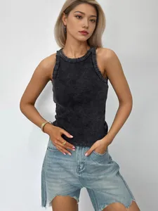 Canotta donna slim fit grigio antracite lavata vintage con bordi consumati