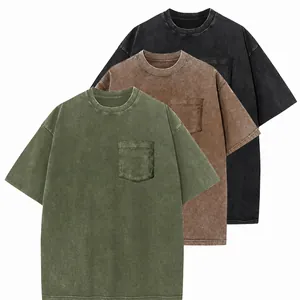 Men Vintage Washed Cotton Embroidered T-Shirt Oversize Drop Shoulder Pocket Top Round Neck Heavyweight Casual T-Shirt