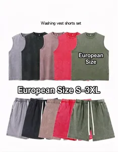 Men's vintage washed 240g cotton tank top and shorts set, EU sizes S-3XL, casual loose fit.