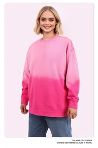 Detail view of pink gradient oversized heavy French terry sweatshirt on female model