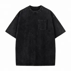 Vintage washed black oversized cotton T-shirt with chest pocket and drop shoulder design