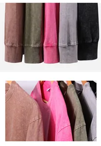 Close-up detail of American vintage washed long-sleeve T-shirt collar and ribbed cuffs