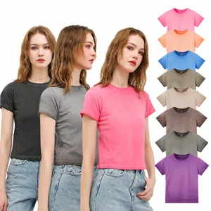 Maglietta da Donna Retro Lavata Sfumata Vestibilità Aderente Girocollo Manica Corta Crop Top Stile Y2K Sexy Cotone