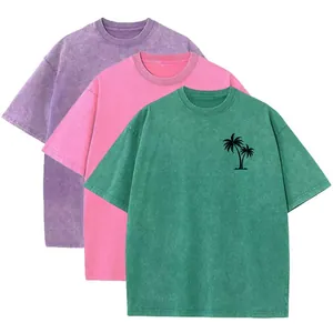 T-shirts oversize délavés en violet rose et vert avec imprimé palmier pour hommes