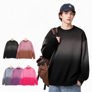 Vintage Heavyweight Cotton Gradient Washed Distressed Crewneck Sweatshirt Oversized Long Sleeve Pullover Top For Men Women