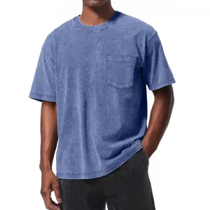 Vintage washed blue oversized pocket T-shirt with drop shoulder and crew neck design