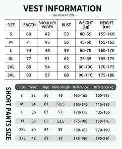 Detailed size chart for men's vintage washed cotton vest and shorts set measurements