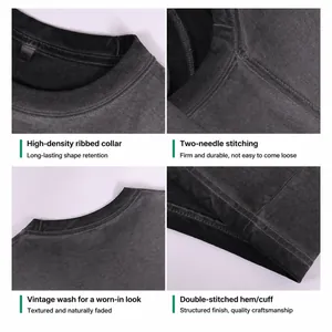 Vintage washed charcoal cotton t-shirt details showing ribbed neck and double stitching