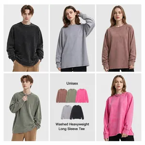 Showcase of unisex oversized washed cotton long sleeve T-shirts in diverse vintage colors
