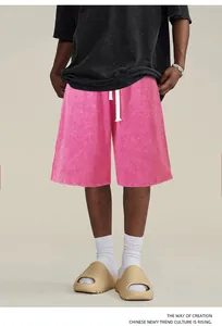 Short de sport rose délavé en coton épais de qualité supérieure, coupe ample streetwear