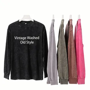 American Vintage Heavyweight Washed Cotton Long Sleeve T-Shirt For Men Oversized Distressed Acid Wash Round Neck Top
