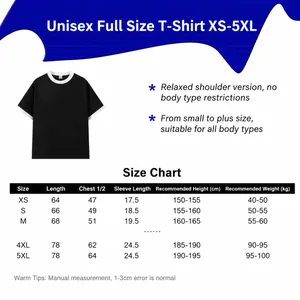 Gedetailleerde maattabel voor unisex katoenen T-shirt met contrast, maten XS tot 5XL