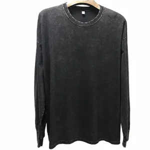 Men's vintage washed distressed black long sleeve cotton T-shirt with loose fit profile