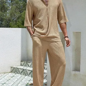 Costume Décontracté pour Hommes Chemise Manches Courtes Pantalon Long Haut et Bas Coton Texturé Froissé Minimaliste