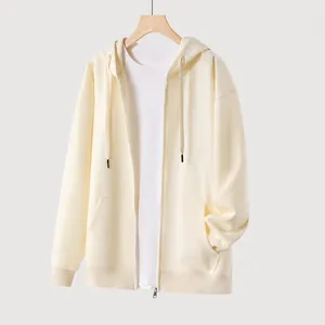 Heren casual beige hoodie met rits, verlaagde schouders en luxe zware katoenen stof