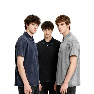 Polo Pesante 240g Lavata Distressed per Uomo Donna Oversize Retro Cotone Manica Corta Casual Top Tinta Unita