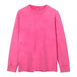 Retro acid wash heavy-weight cotton long-sleeved pink t-shirt with a vintage loose fit style