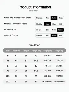 Guide des tailles détaillé et spécifications pour short homme 290g avec coupe décontractée