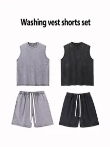 Vintage washed men's oversize sleeveless vest and drawstring shorts set in grey and black colors.