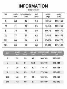 Size chart for men's vintage washed cotton tank top and shorts set in European sizes